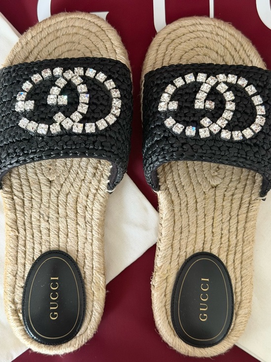 Gucci Black GG Crystal Raffia Embellished Espadrille Sandal Slides NIB 38 - Picture 2 of 4